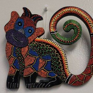 Wooden Painted Monkey Pointillism Style